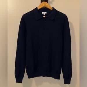 Reiss Men’s Navy Blue Waffle Knit 109% Cotton Long Sleeve Collard,Size-Medium